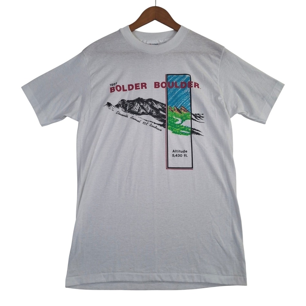 Vintage 1989 Bolder Boulder 10K Roadrace Shirt Medium Hanes Fifty-Fifty White